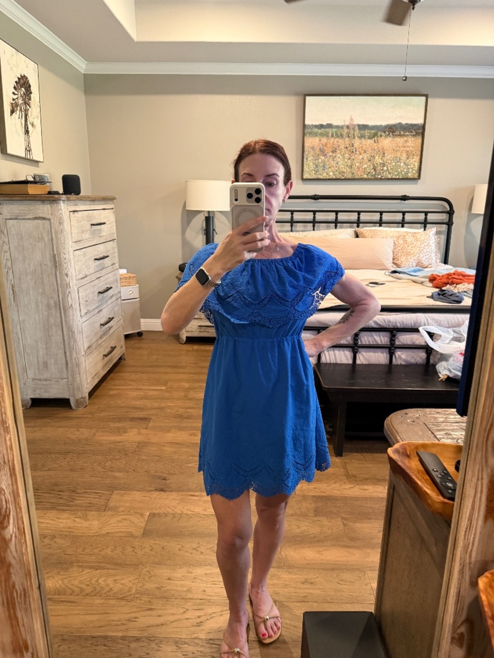 Kensie cotton Cobalt Blue Eyelet Lace Off Shoulder Dress Boho Mini